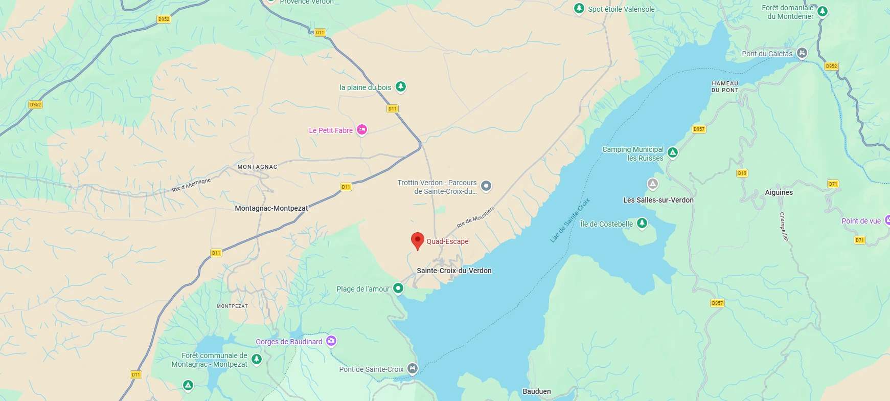 Plan d'accès : QUAD-ESCAPE, Quartier La Fuste, au nord-ouest du village de Sainte-Croix-du-Verdon, près du lac de Sainte-Croix